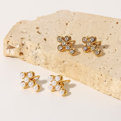 Stainless Steel Earrings With DiamondsPearl Cross Stud Earrings