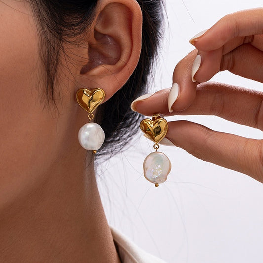 Heart Baroque Pearl Stainless Steel Earrings