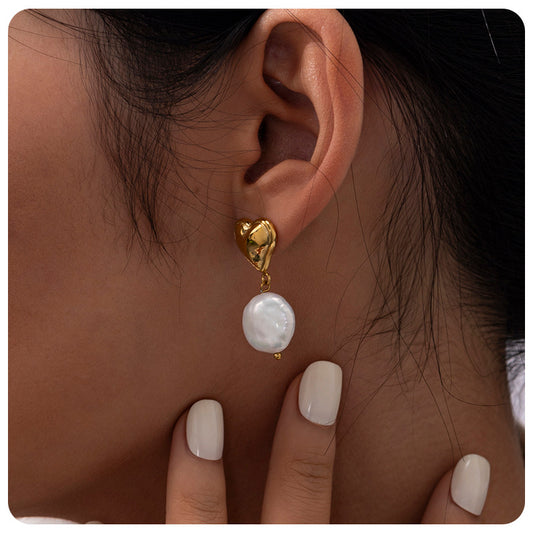 Heart Baroque Pearl Stainless Steel Earrings